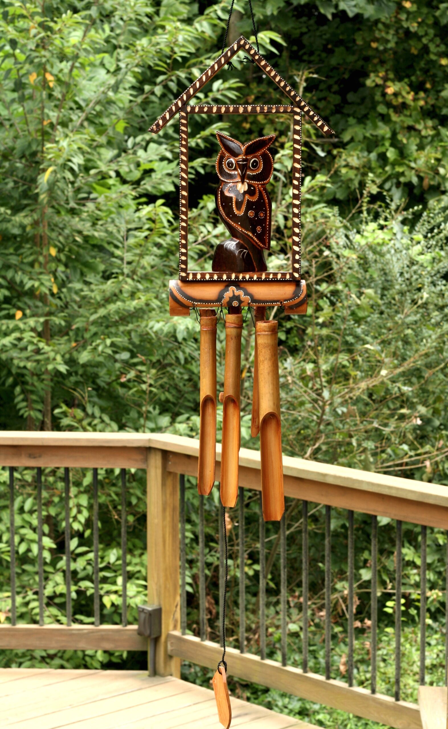 Handmade Wooden Owl House Bamboo Wind Chime Wood Statue Figurine Hoot Sculpture Decorative Rustic Patio Garden Outdoor Decor Handcrafted Decoration - Image 4