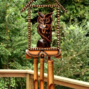 Handmade Wooden Owl House Bamboo Wind Chime Wood Statue Figurine Hoot Sculpture Decorative Rustic Patio Garden Outdoor Decor Handcrafted Decoration