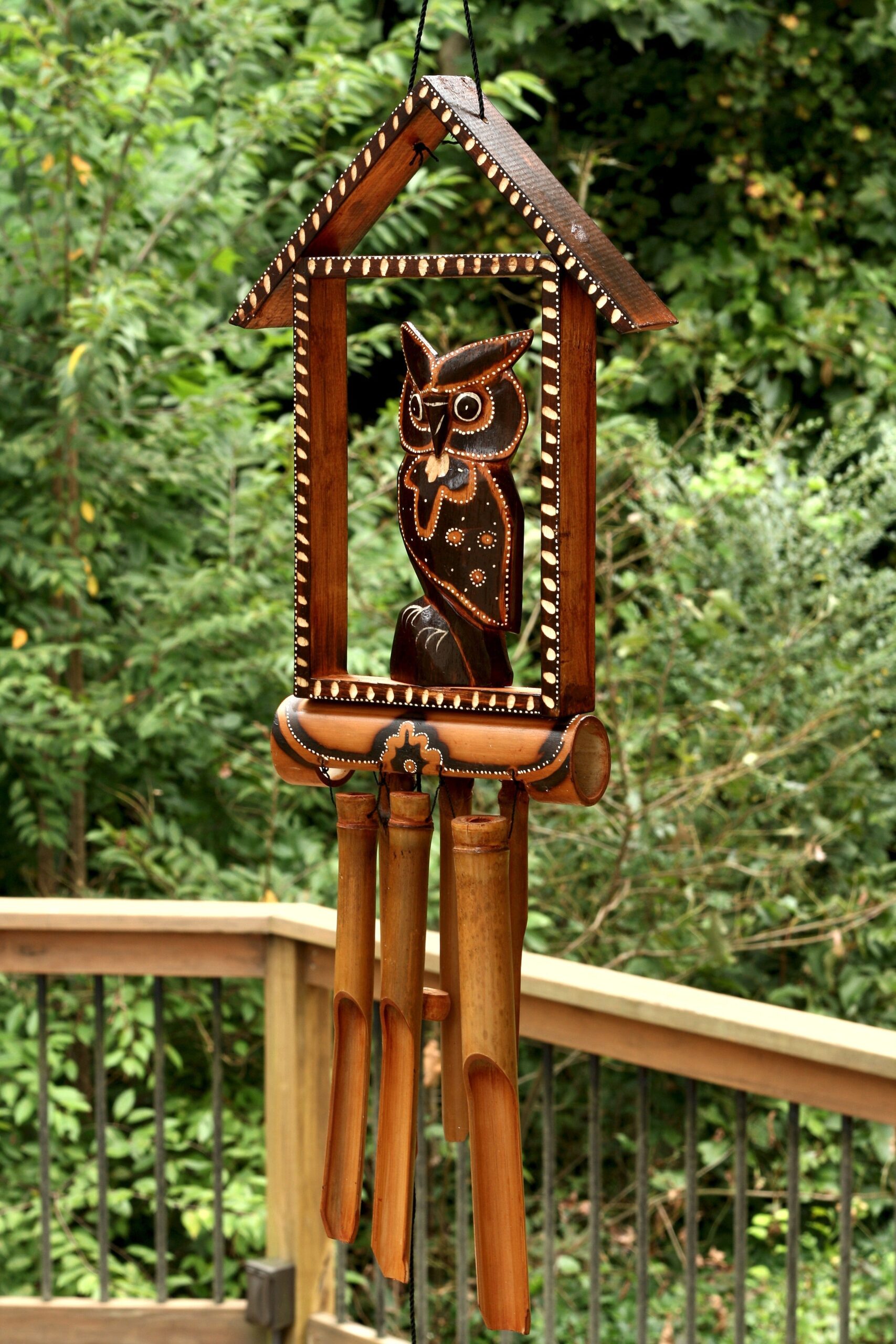 Handmade Wooden Owl House Bamboo Wind Chime Wood Statue Figurine Hoot Sculpture Decorative Rustic Patio Garden Outdoor Decor Handcrafted Decoration - Image 2