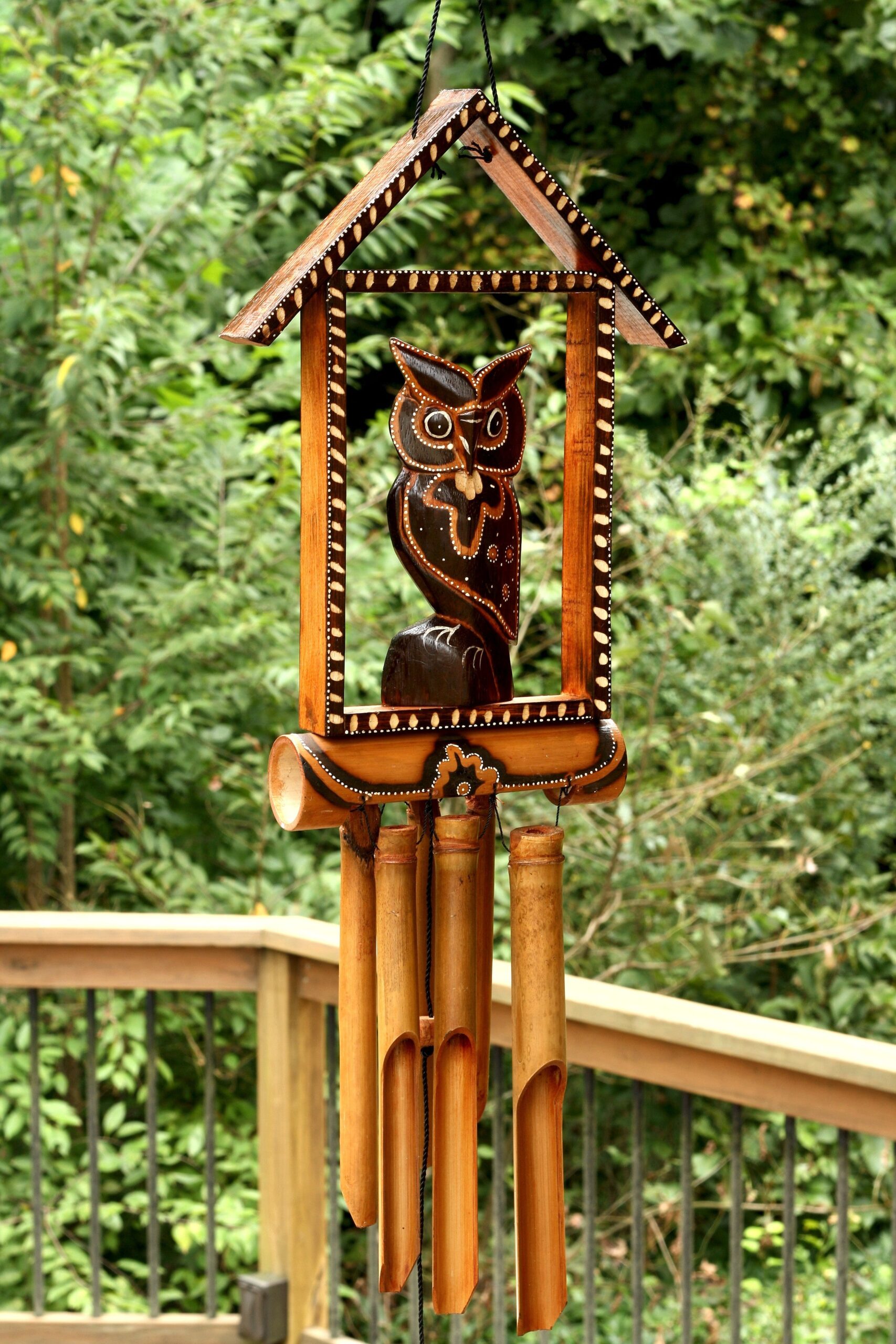 Handmade Wooden Owl House Bamboo Wind Chime Wood Statue Figurine Hoot Sculpture Decorative Rustic Patio Garden Outdoor Decor Handcrafted Decoration - Image 3
