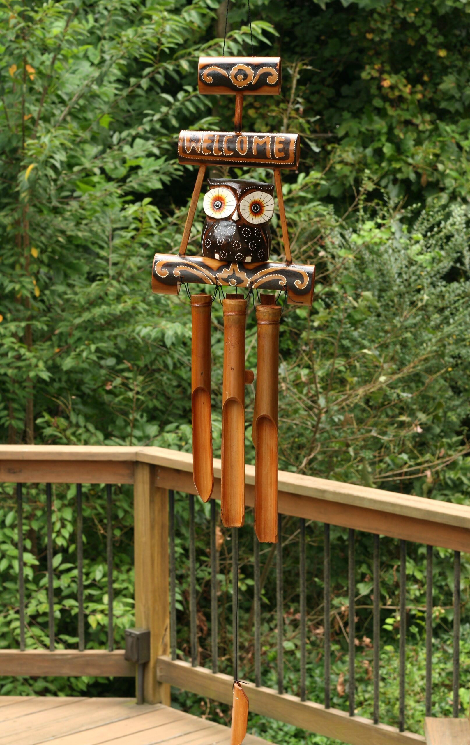 Handmade Wooden Owl Welcome Sign Bamboo Wind Chime Wood Statue Figurine Hoot Sculpture Patio Garden Outdoor Decor Handcrafted Decoration - Image 4