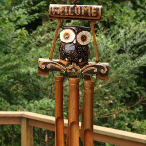 Handmade Wooden Owl Welcome Sign Bamboo Wind Chime Wood Statue Figurine Hoot Sculpture Patio Garden Outdoor Decor Handcrafted Decoration