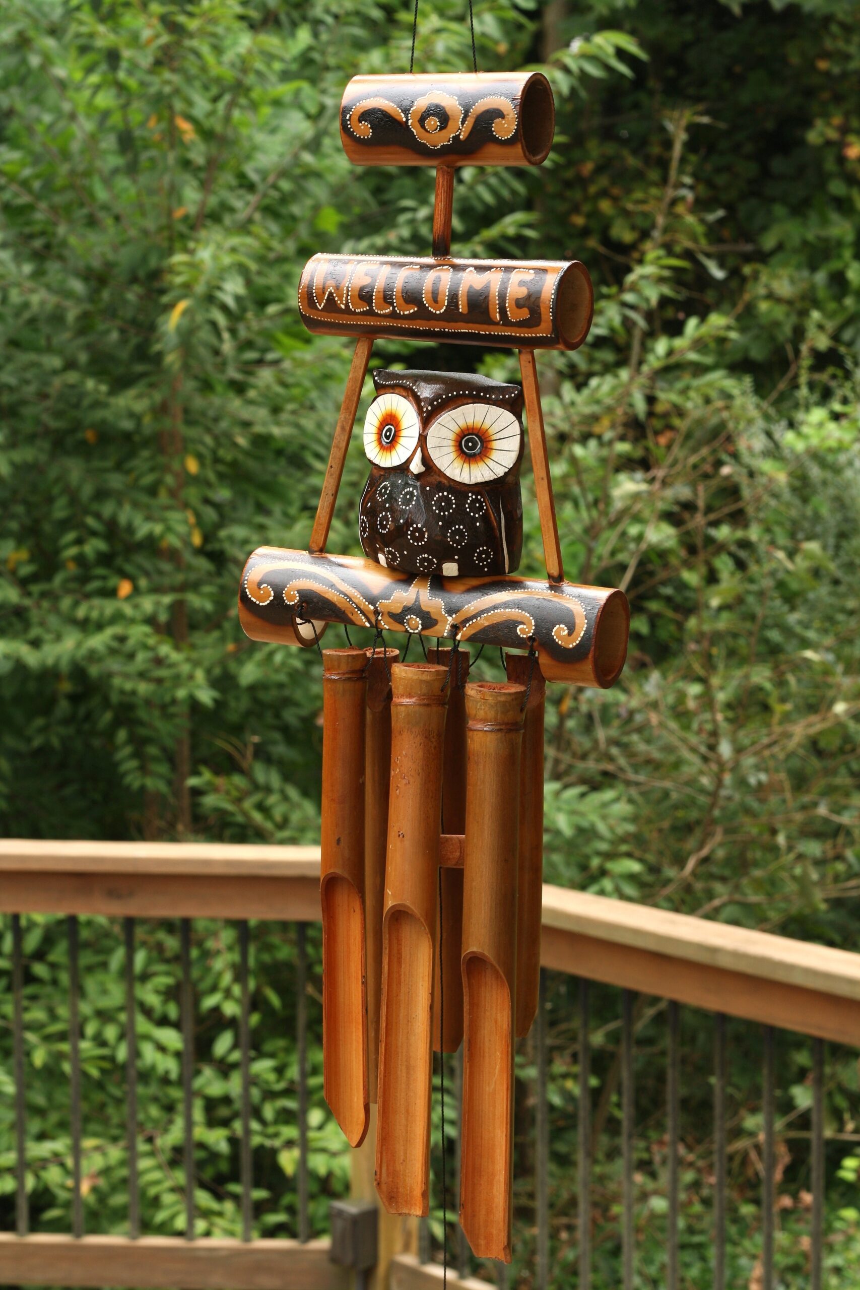 Handmade Wooden Owl Welcome Sign Bamboo Wind Chime Wood Statue Figurine Hoot Sculpture Patio Garden Outdoor Decor Handcrafted Decoration - Image 2
