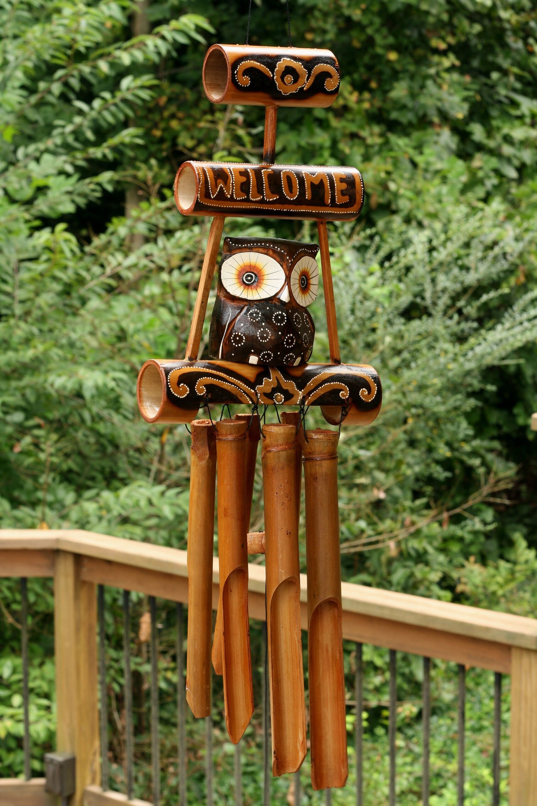 Handmade Wooden Owl Welcome Sign Bamboo Wind Chime Wood Statue Figurine Hoot Sculpture Patio Garden Outdoor Decor Handcrafted Decoration - Image 3