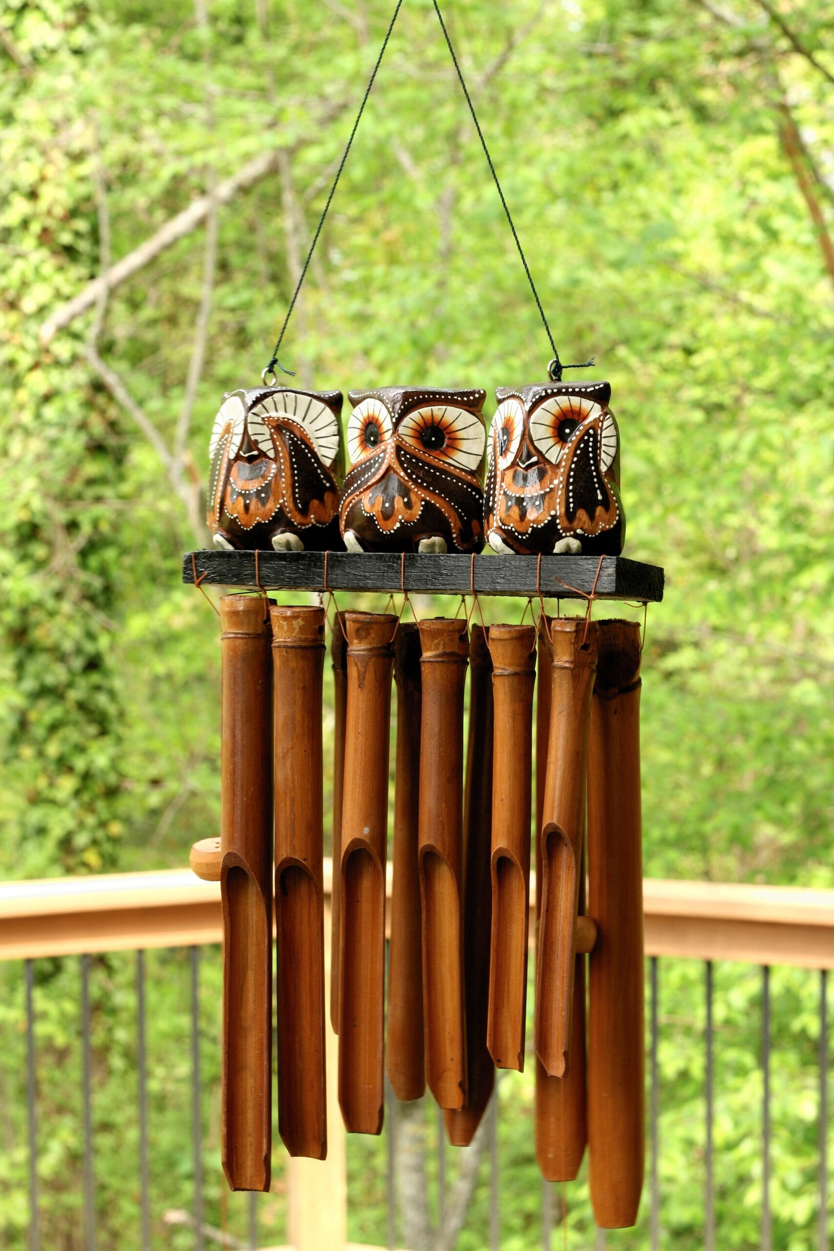 Handmade Wooden See Hear Speak No Evil Owl Bamboo Wind Chime Wood Statue Figurine Hoot Sculpture Patio Garden Outdoor Decor Handcrafted Decoration - Image 2