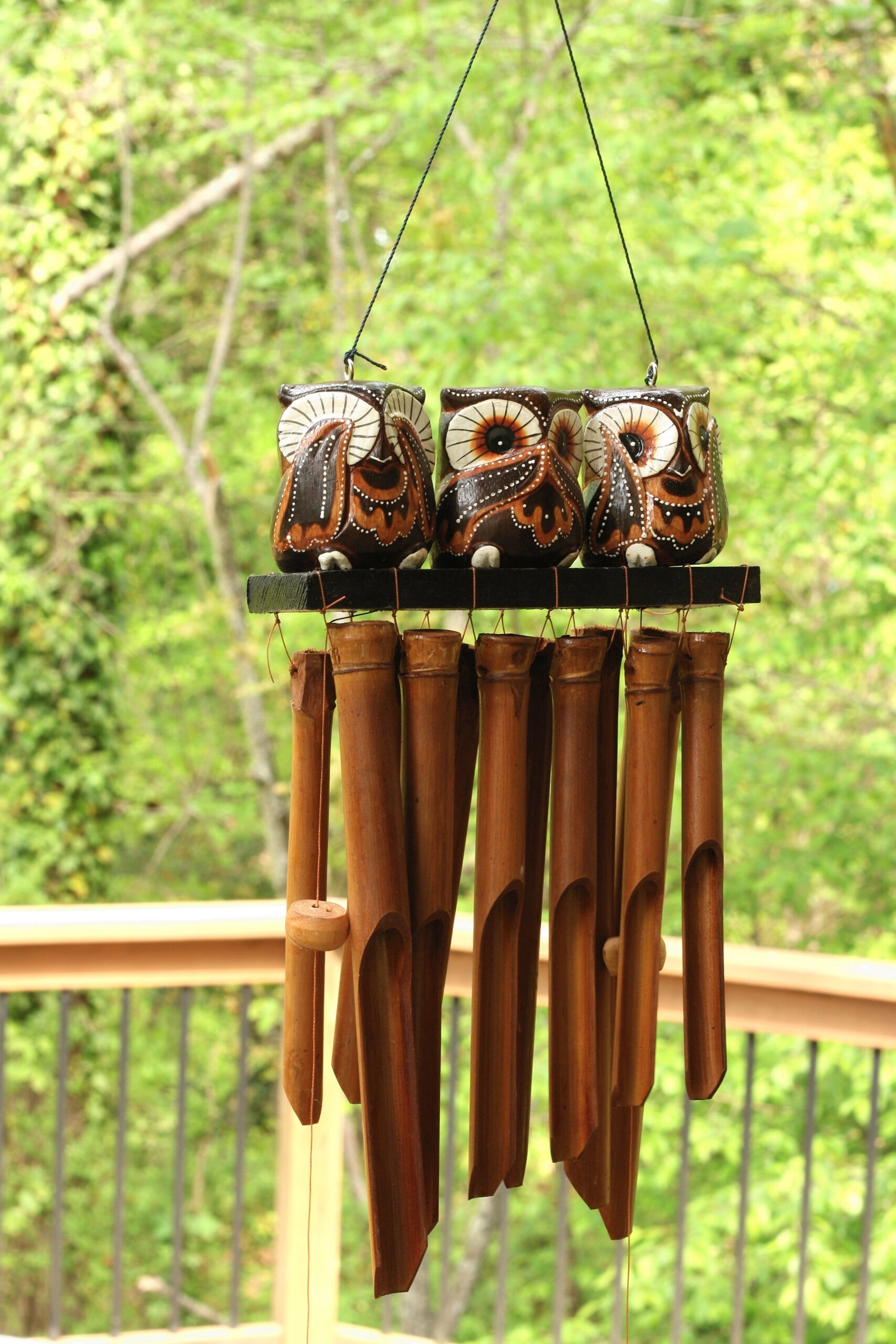 Handmade Wooden See Hear Speak No Evil Owl Bamboo Wind Chime Wood Statue Figurine Hoot Sculpture Patio Garden Outdoor Decor Handcrafted Decoration - Image 3