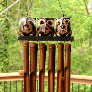 Handmade Wooden See Hear Speak No Evil Owl Bamboo Wind Chime Wood Statue Figurine Hoot Sculpture Patio Garden Outdoor Decor Handcrafted Decoration