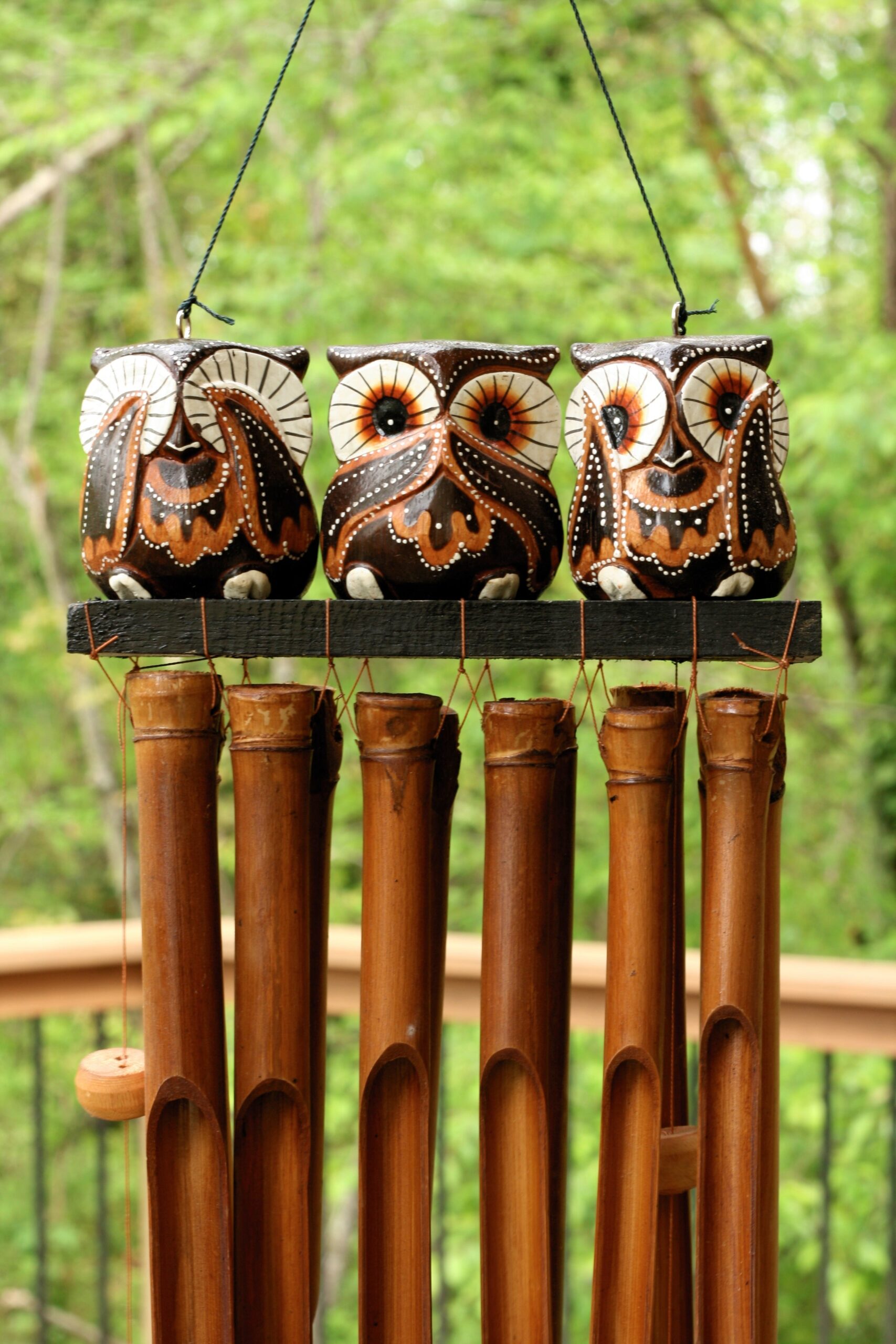 Handmade Wooden See Hear Speak No Evil Owl Bamboo Wind Chime Wood Statue Figurine Hoot Sculpture Patio Garden Outdoor Decor Handcrafted Decoration - Image 4
