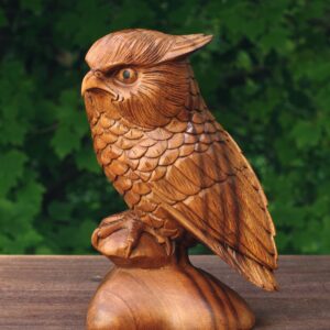 8" Wooden Handmade Owl Statue Handcrafted Figurine Art Home Decor Sculpture Wood Hand Carved Decorative Accent Decoration