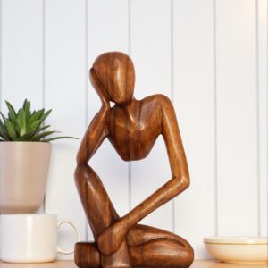 12" Wooden Handmade Abstract Sculpture Statue Handcrafted "Thinking Man" Gift Art Decorative Home Decor Figurine Accent Decoration Artwork Hand Carved