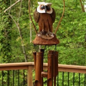 Handmade Wooden Standing Owl Bamboo Wind Chime Wood Statue Figurine Hoot Sculpture Art Rustic Patio Garden Outdoor Decor Handcrafted Decoration