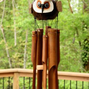 Handmade Wooden Flying Owl Bamboo Wind Chime Wood Statue Figurine Hoot Sculpture Decorative Rustic Patio Garden Outdoor Decor Handcrafted Decoration