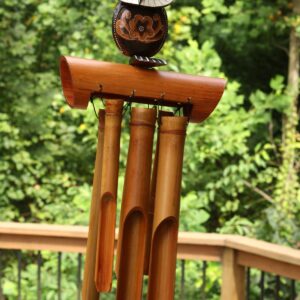 Handmade Wooden Snowy Owl Bamboo Wind Chime Wood Statue Figurine Hoot Sculpture Decorative Rustic Patio Garden Outdoor Decor Handcrafted Decoration