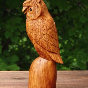Wooden Handmade Owl Standing on a Tree Branch Statue Figurine Handcrafted Art Home Decor Hoot Sculpture Hand Carved Accent Decoration